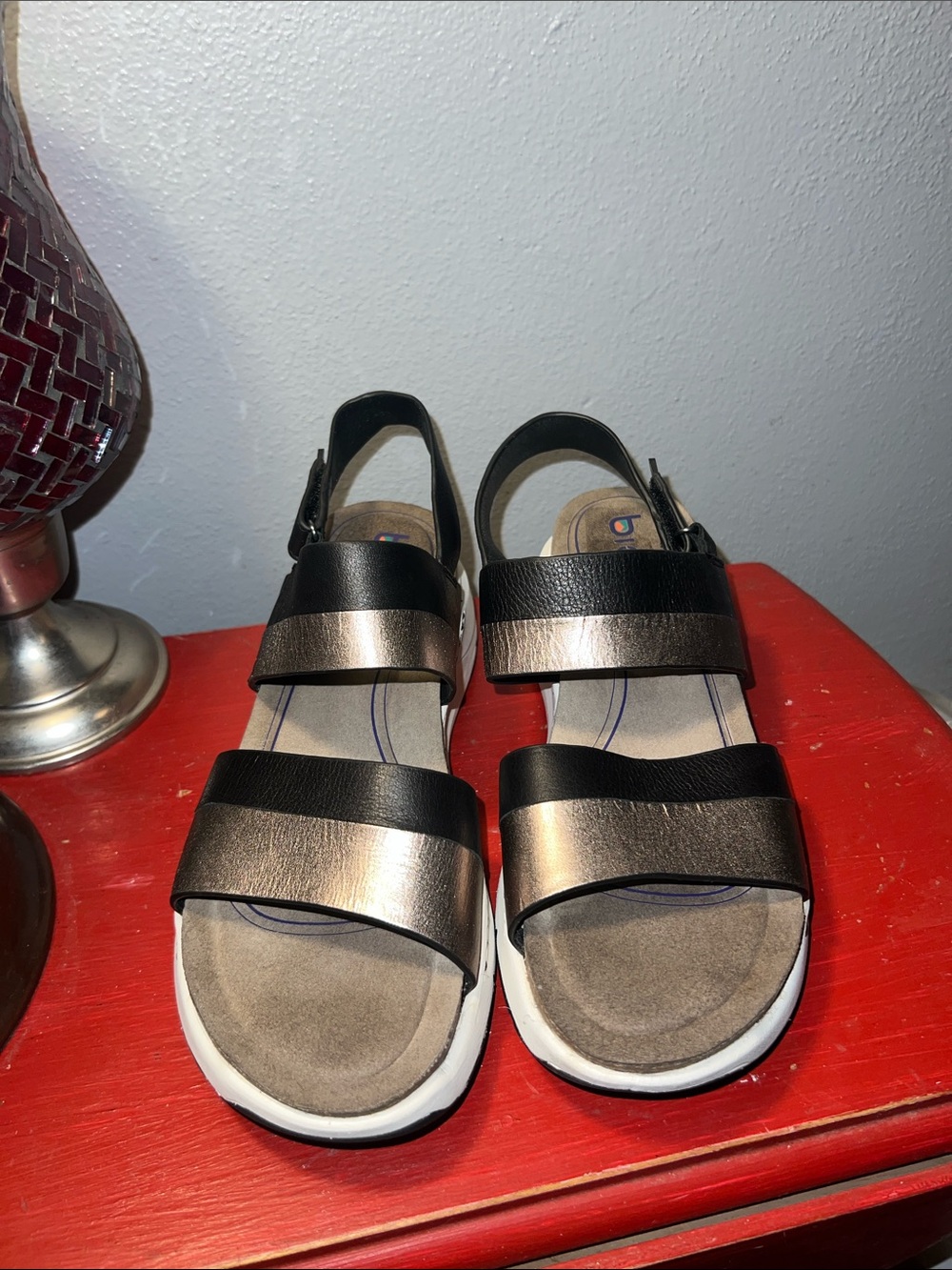 Bionica Black and Metallic Bronze Two-Strap Slingback Sandals - Picture 5 of 5